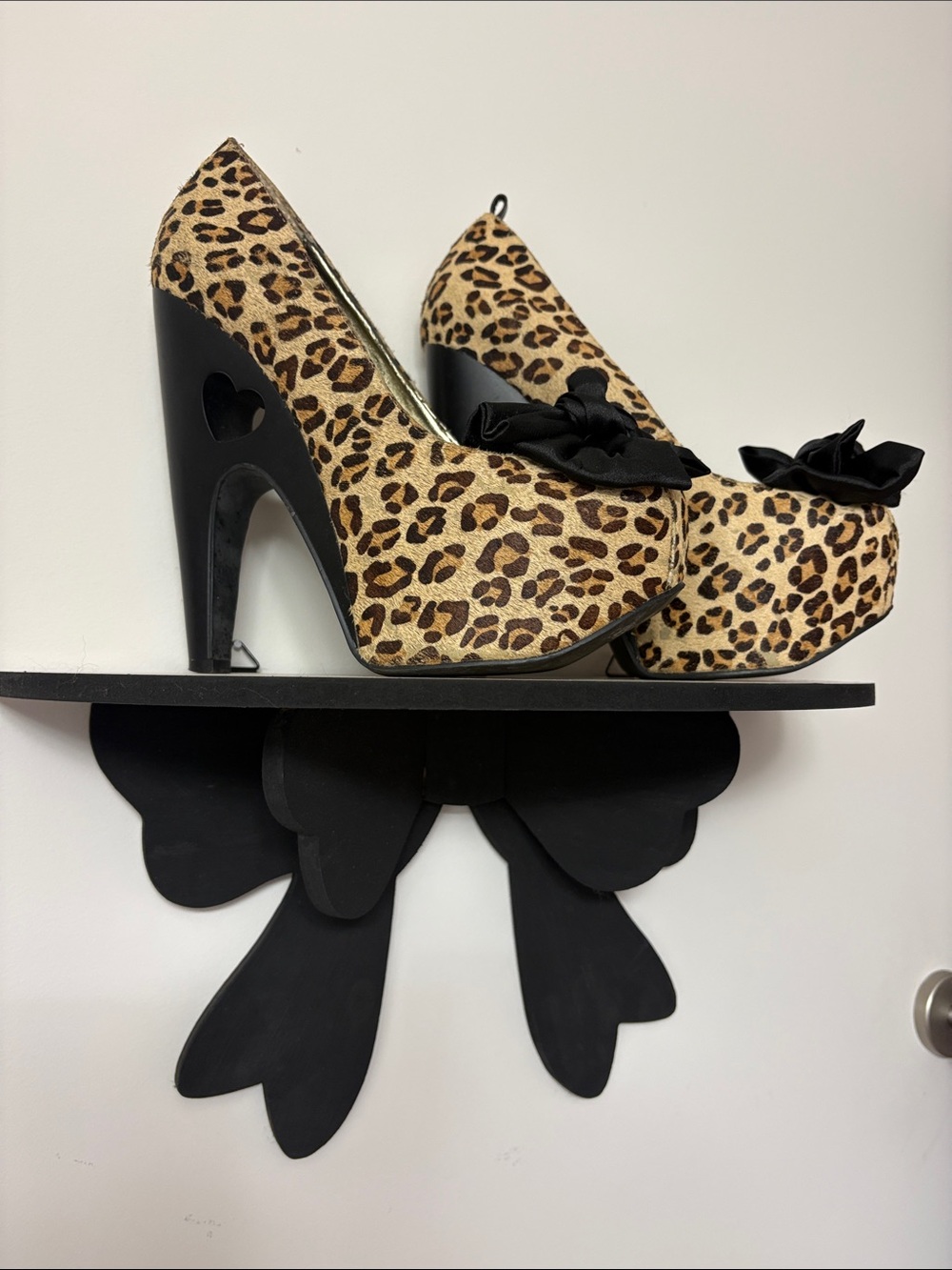 tuk Leopard-Print Platform Heels with Black Bow Detail